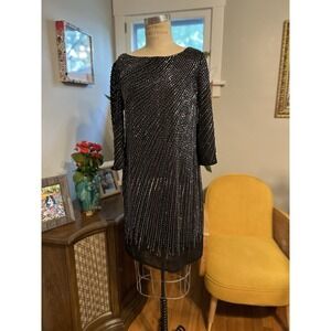 Adriana Papell Women's Black Silver Beaded Sleeved Cocktail Dress- Beautiful! 6